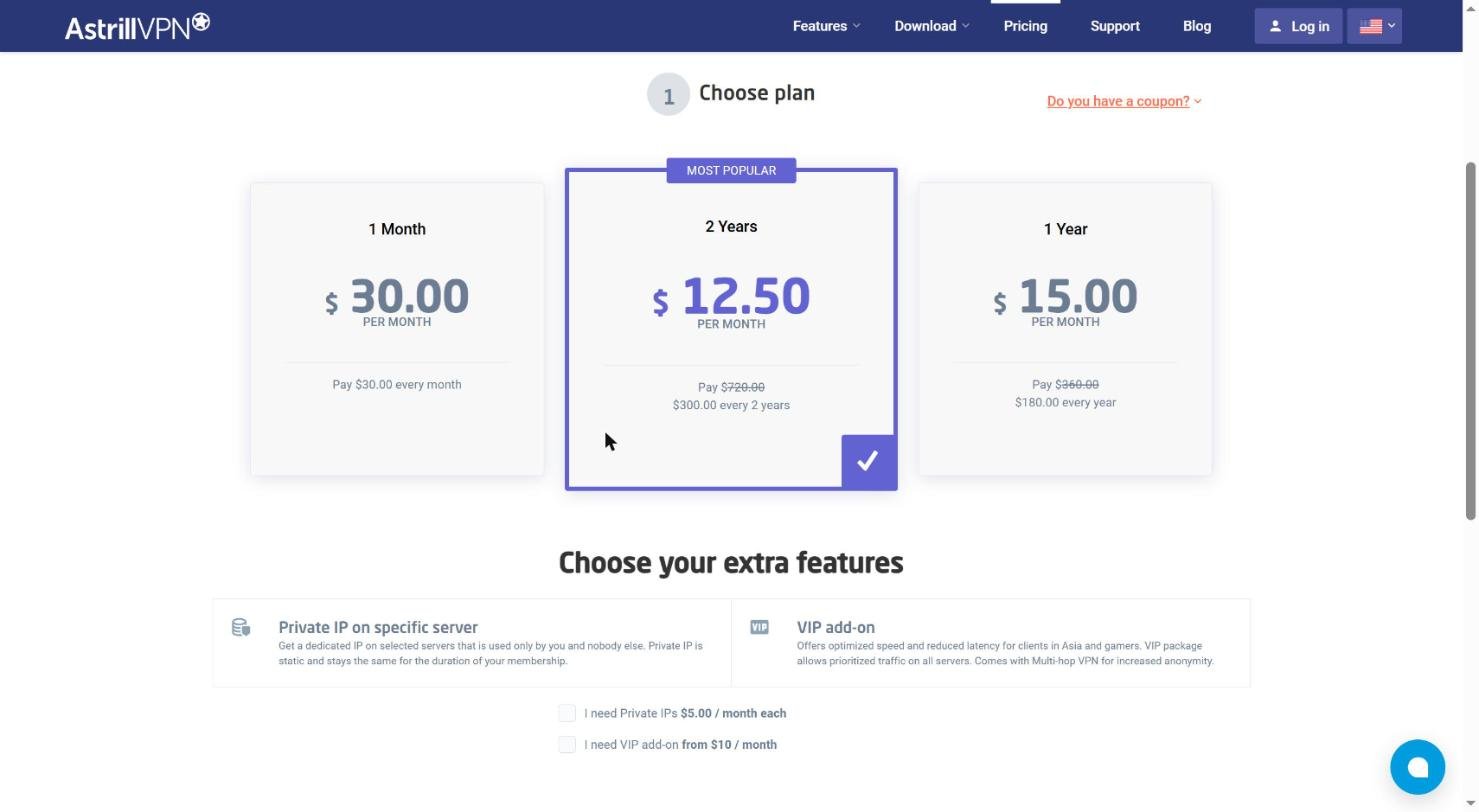 Astrill VPN pricing page: 1 month $30, 2 years $12.50 per month, 1 year $15 per month