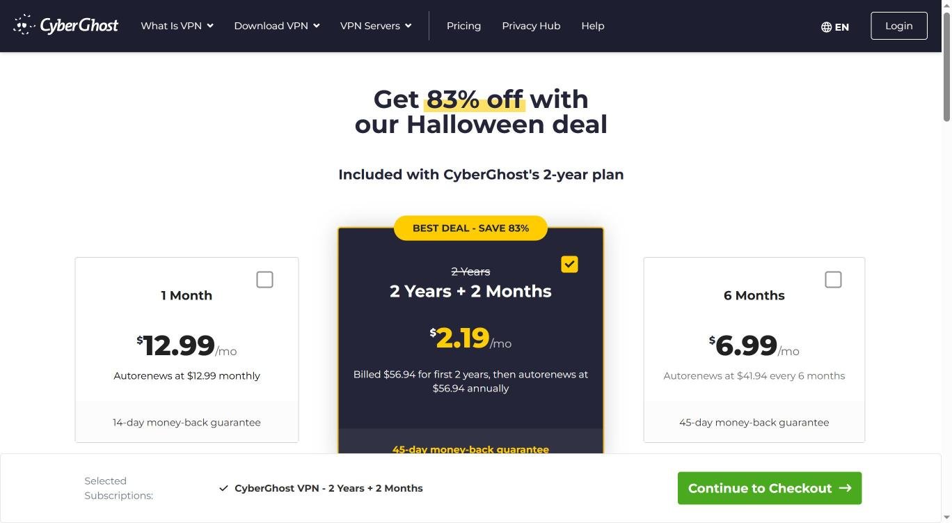 CyberGhost pricing page showing 2 years plus 2 months at $2.19 per month, 83% off