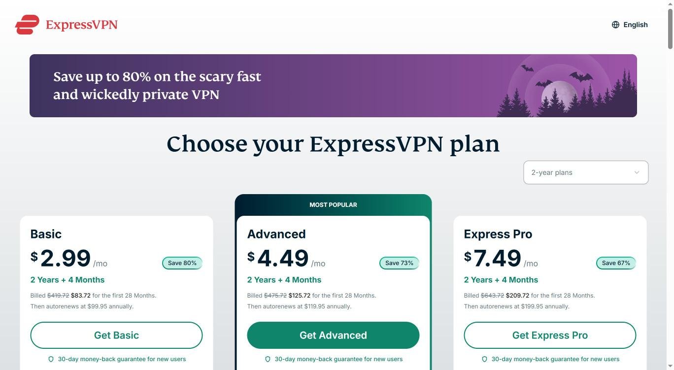 ExpressVPN order page showing Basic at $2.99, Advanced at $4.49 and Express Pro at $7.49 per month