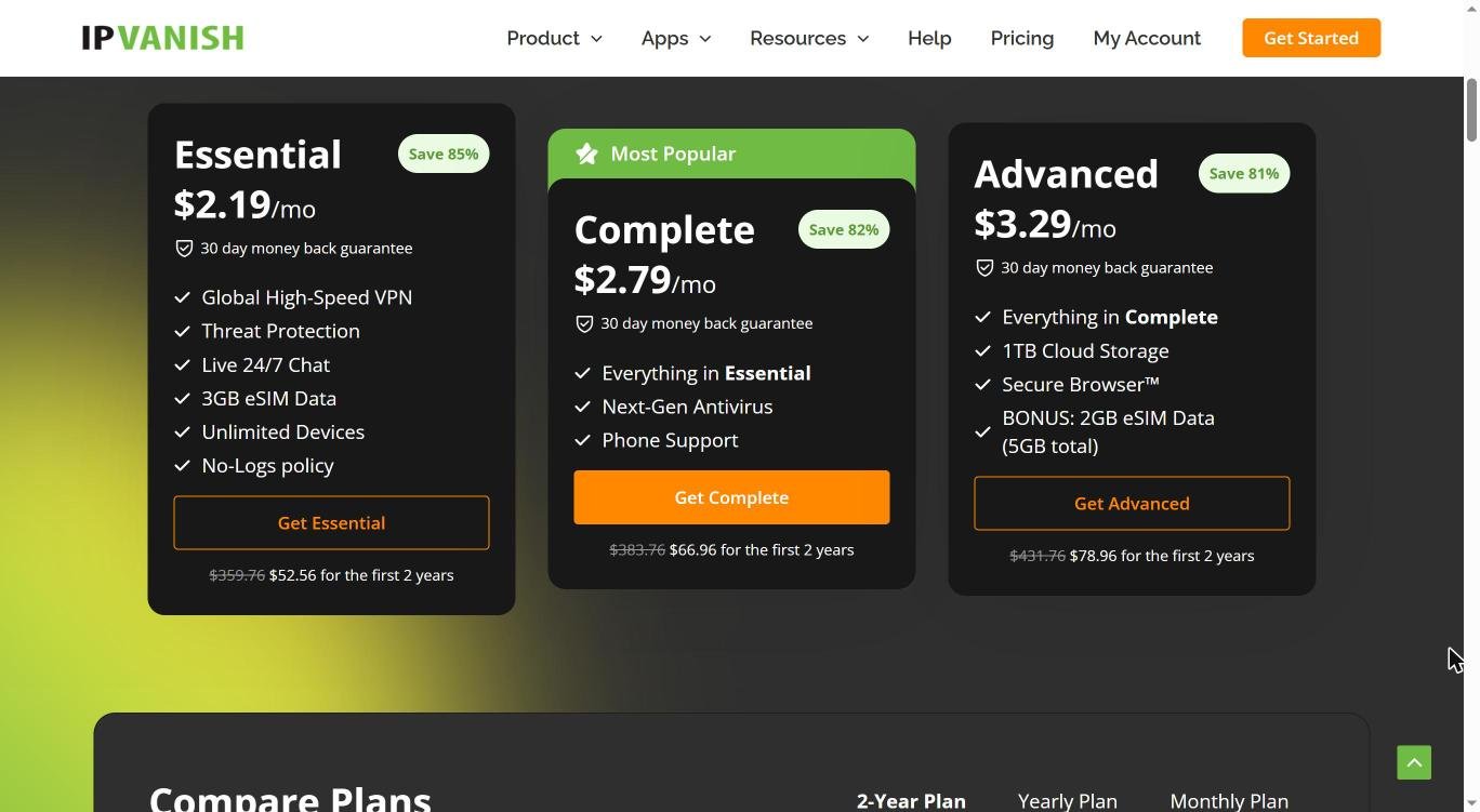 IPVanish pricing page showing Essential at $2.19, Complete at $2.79 and Advanced at $3.29 per month