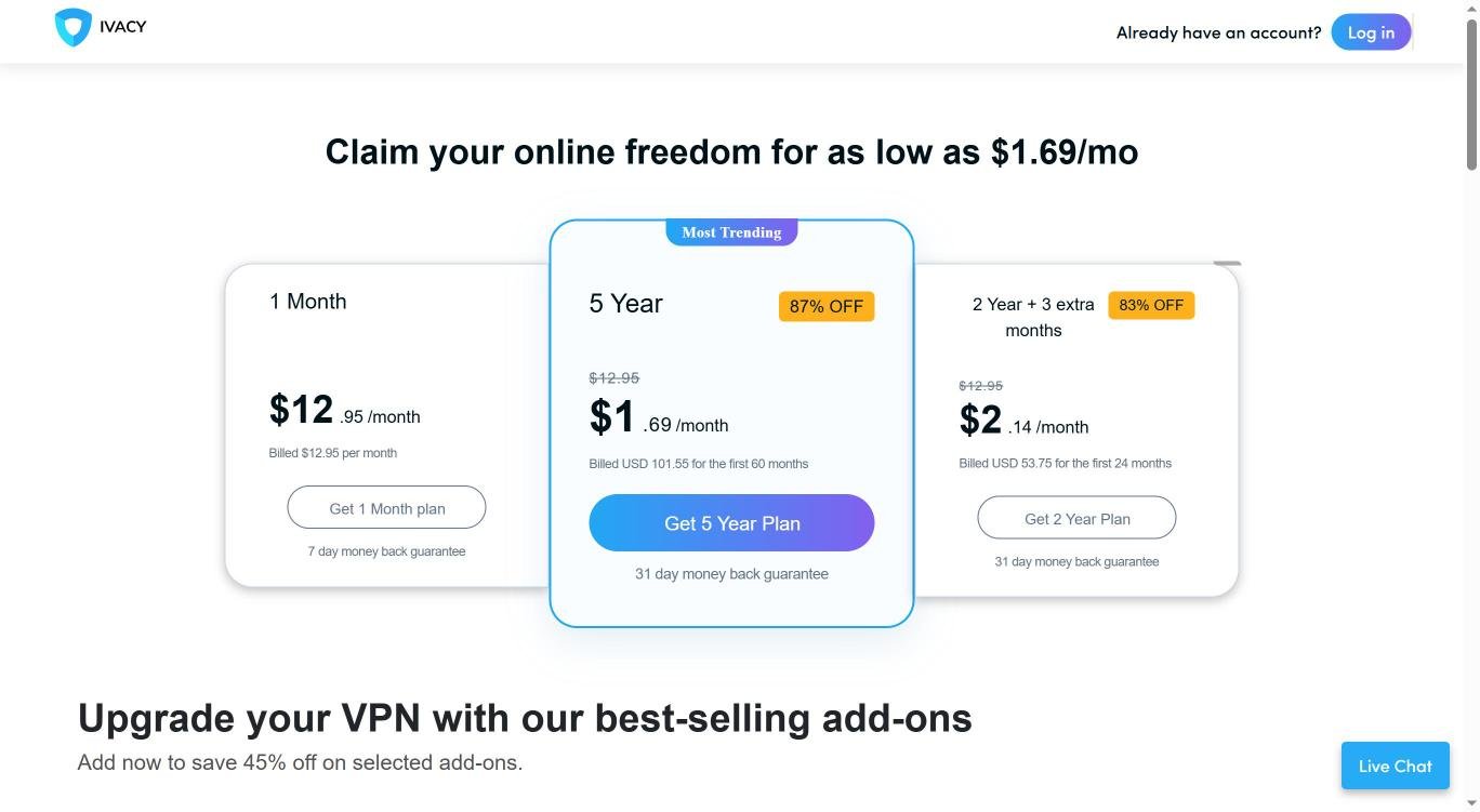 Ivacy VPN pricing page: 5-year plan at $1.69 per month, 87% off, and 2 years plus 3 months at $2.14
