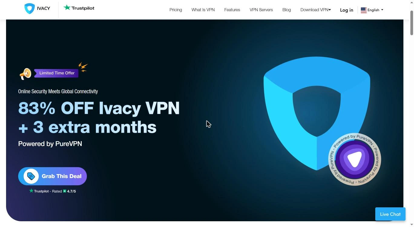 Ivacy VPN homepage showing 83% off plus 3 extra months, powered by PureVPN