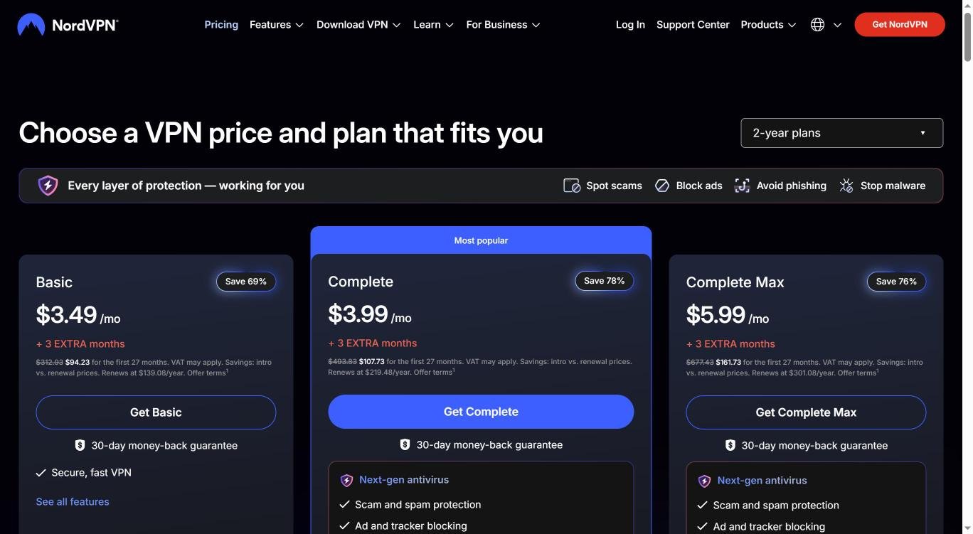 NordVPN Black Friday pricing page showing Basic at $3.49, Complete at $3.99 and Complete Max at $5.99 per month