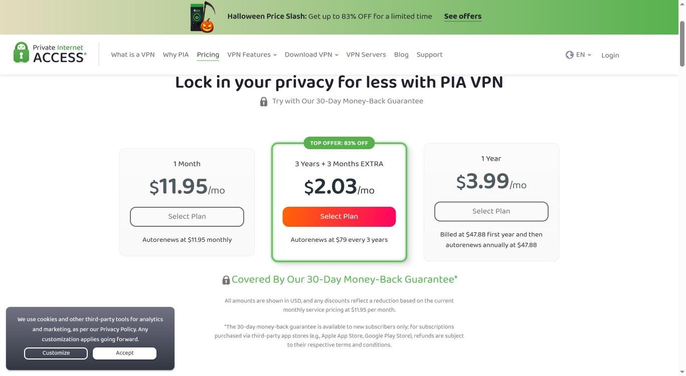 PIA VPN pricing page showing 3 years plus 3 months at $2.03 per month, 83% off