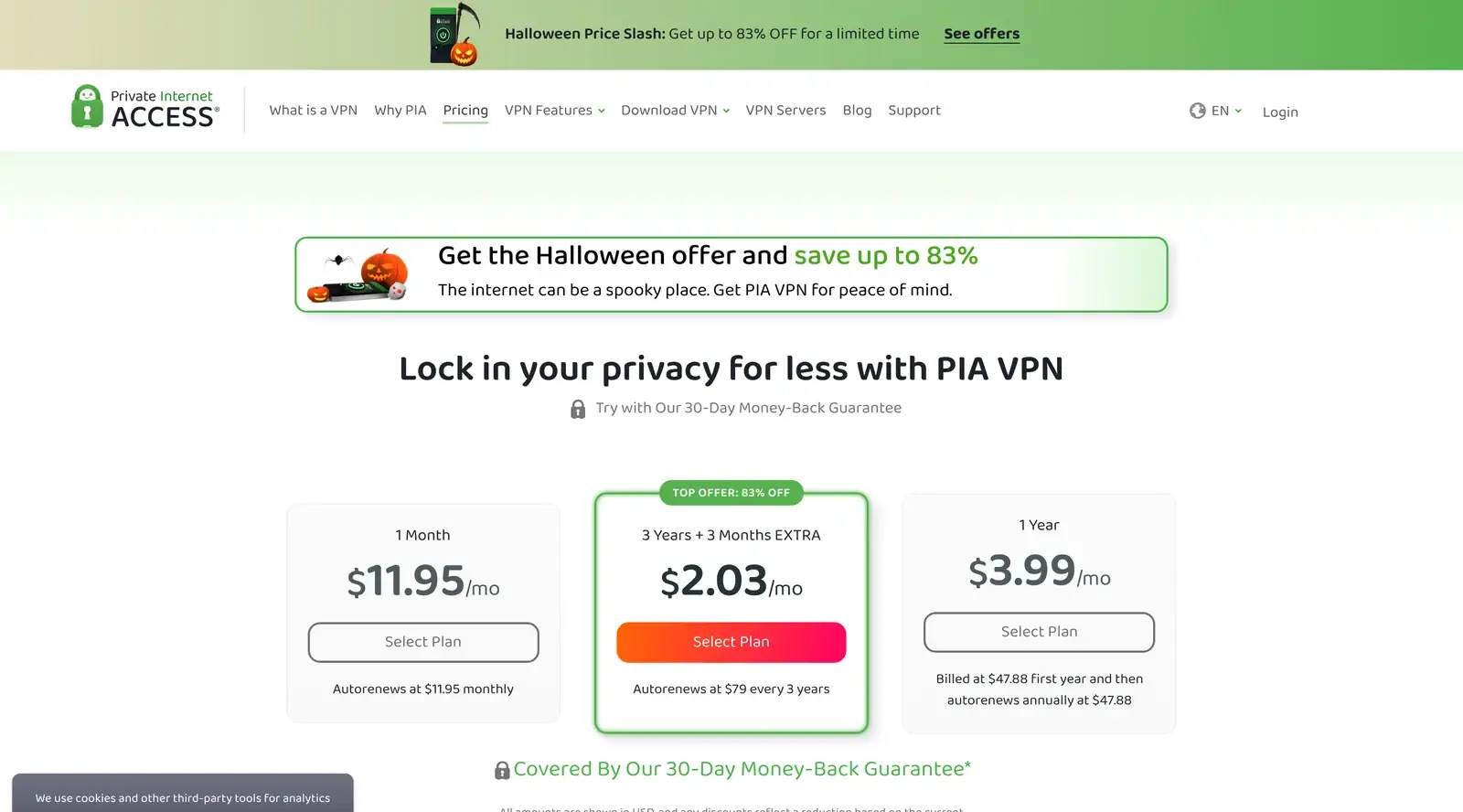 PIA VPN pricing page showing 3 years plus 3 months at $2.03 per month, 83% off