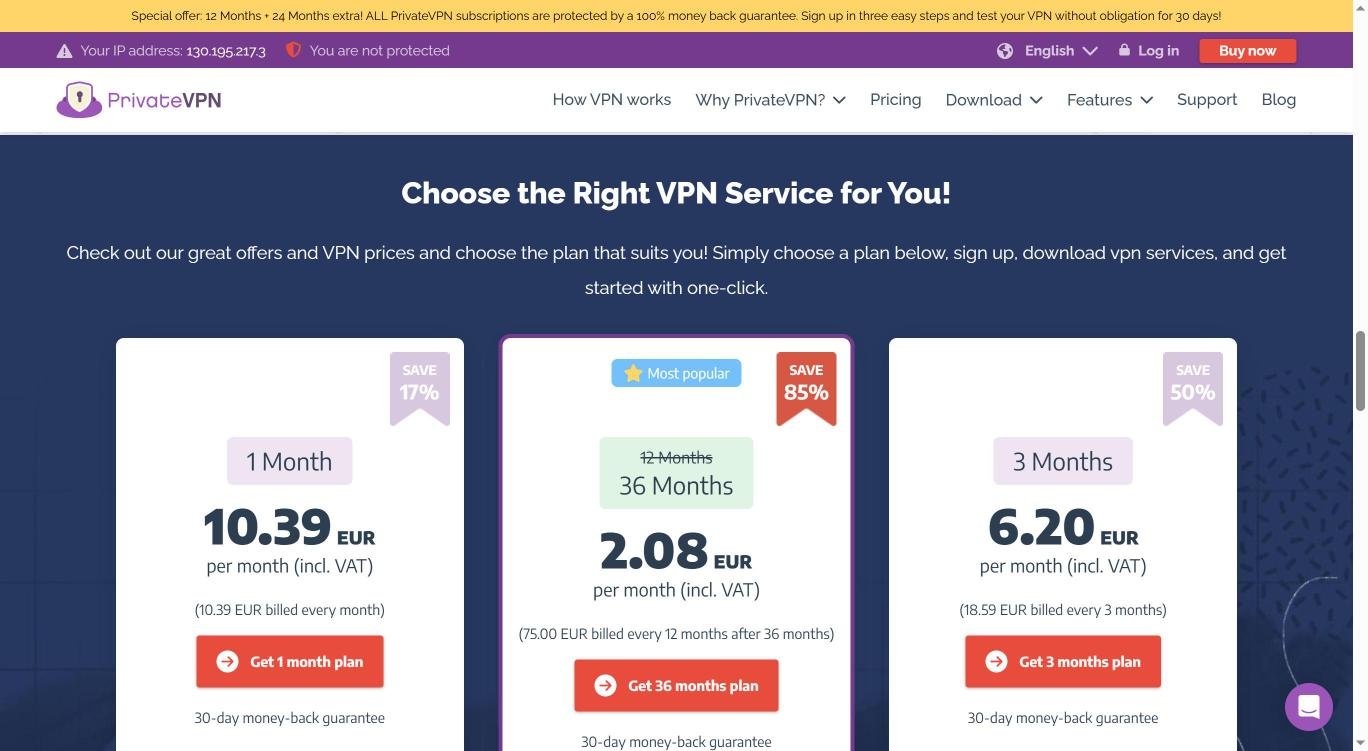 PrivateVPN pricing showing the 36-month plan at 85% off, 12 months plus 24 months extra