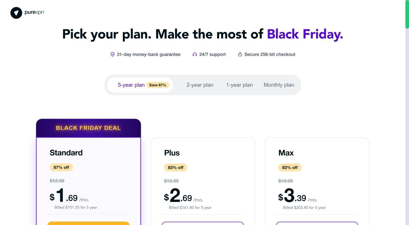 PureVPN Black Friday order page: Standard 5-year plan at $1.69 per month, 87% off