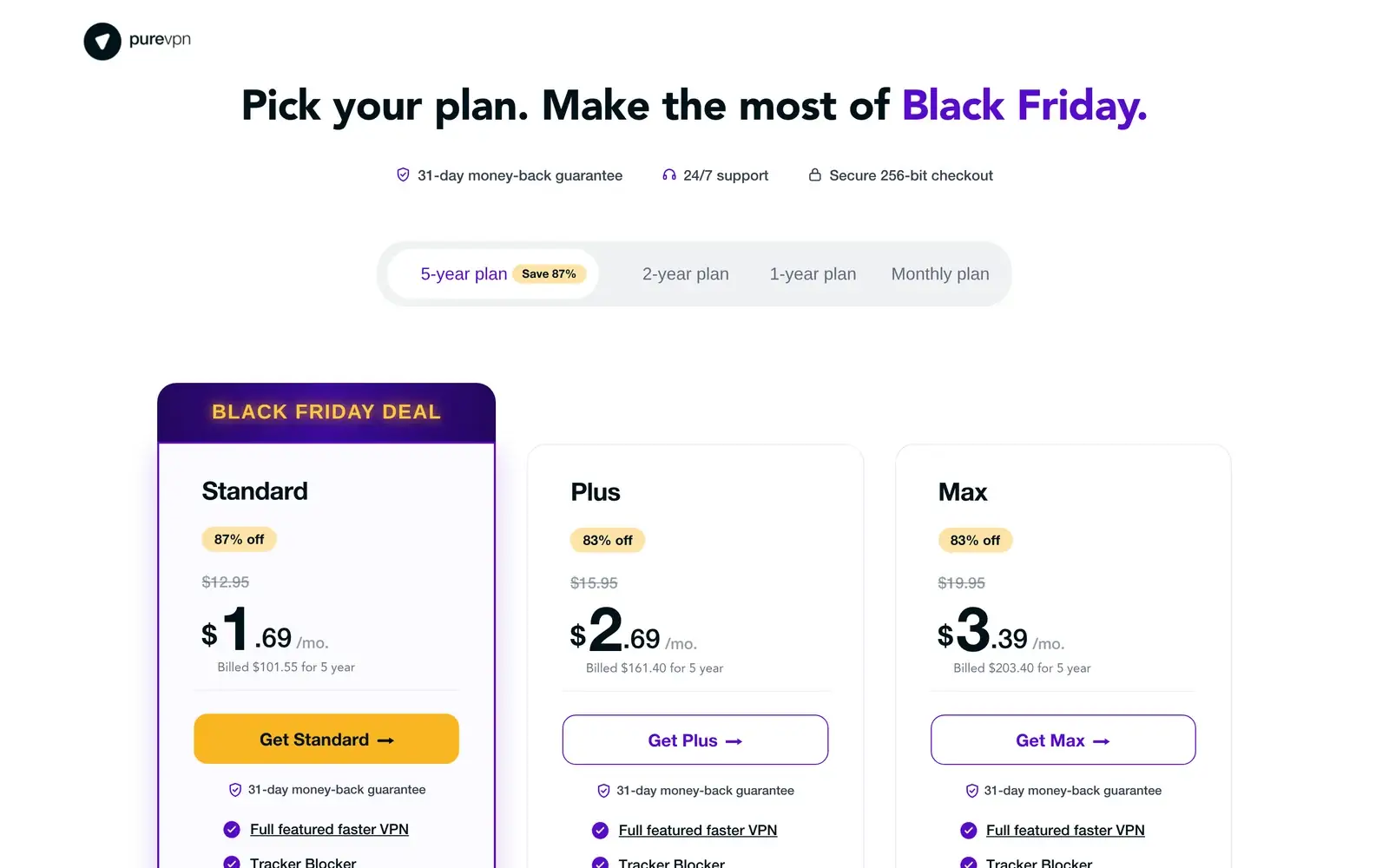 PureVPN pricing page showing the 5-year Standard plan at $1.69 per month, 87% off