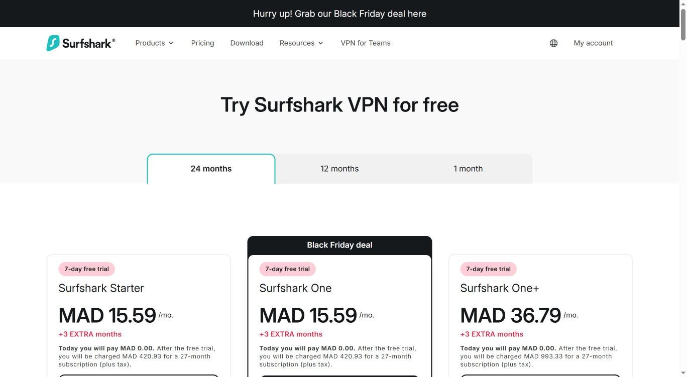 Surfshark Black Friday pricing page with the Black Friday deal label on Surfshark One