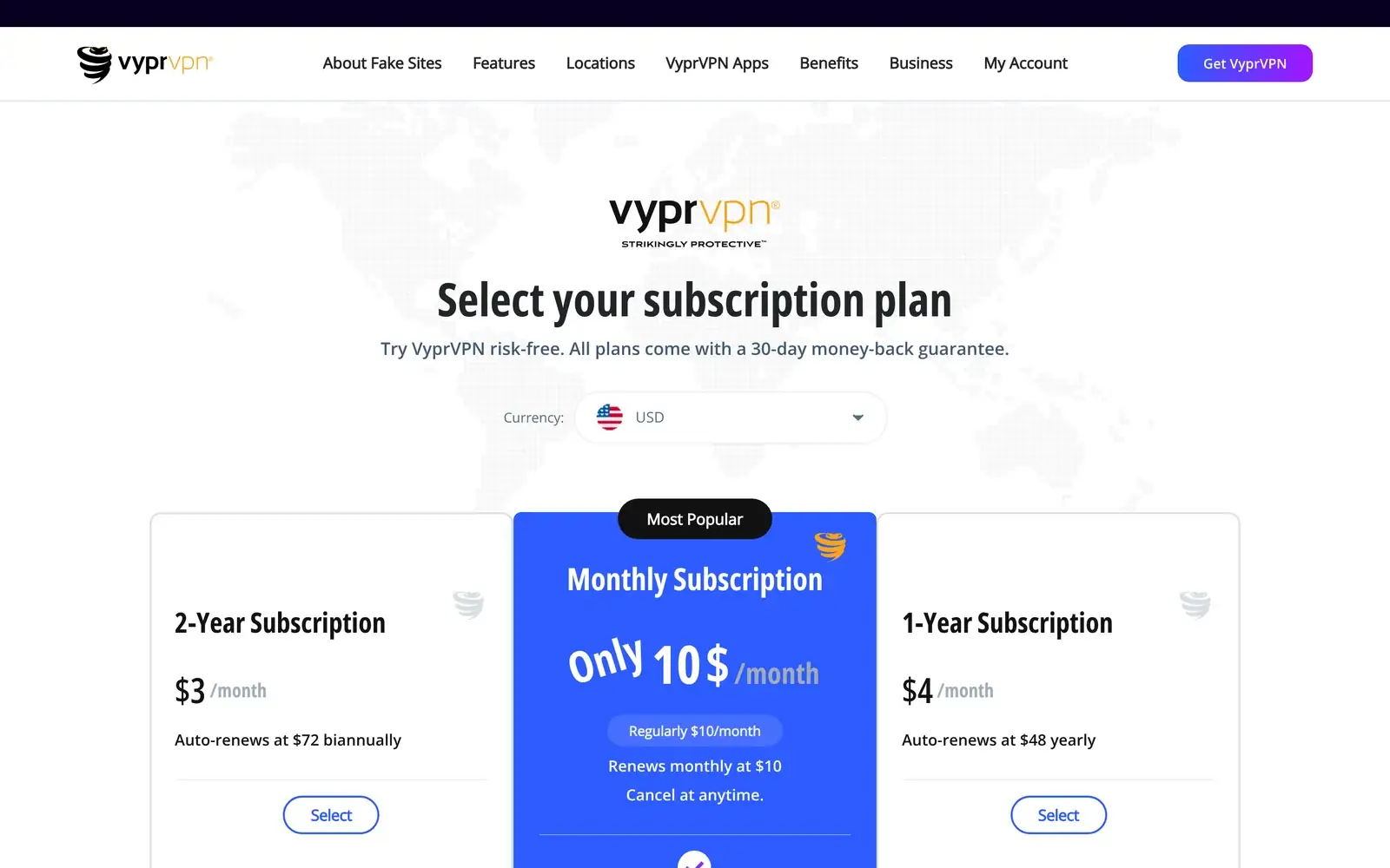 VyprVPN pricing page showing 2-year plan at $3 per month and 1-year plan at $4 per month